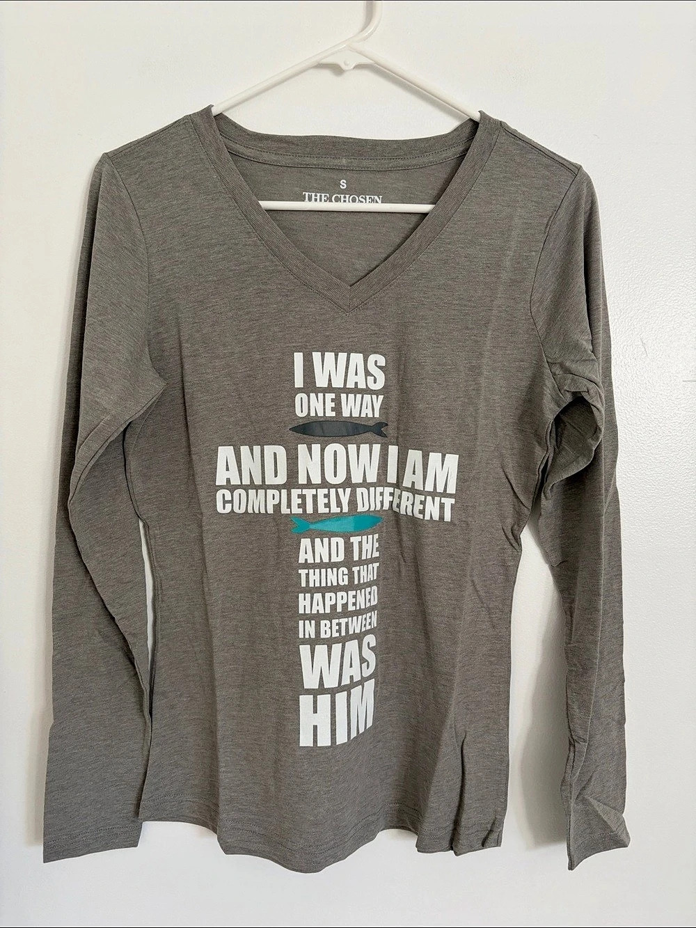 The Chosen I Was One Way Long Sleeve V-Neck T-Shirt Tee Gray Small